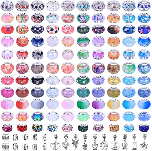 AIPRIDY Cuentas Europeas Surtidas para Manualidades Cuentas Espaciadoras Lampwork de Agujero Grande Cuentas Europeas Coloridas para Hacer Collares