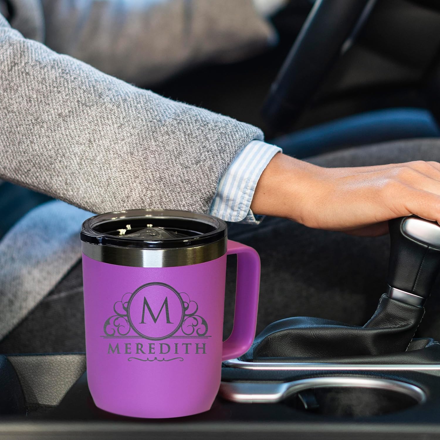 Custom Personalized 20 oz Stainless Steel Powder Coated Vacuum Insulated Double Walled Travel Tumbler Coffee Mug with Handle and Lid (Lavender)