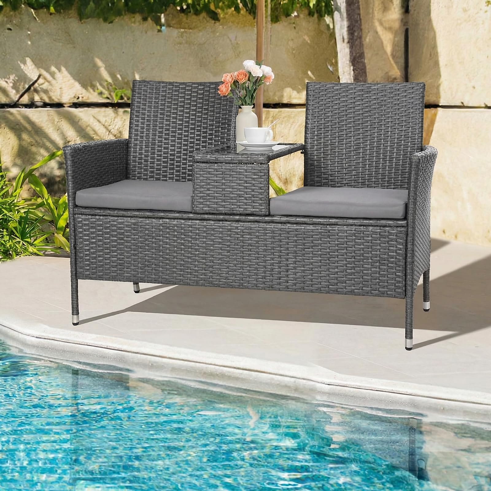 TLSUNNY Banc de Jardin 2 Places en Rotin, Salon Balcon avec Coussins