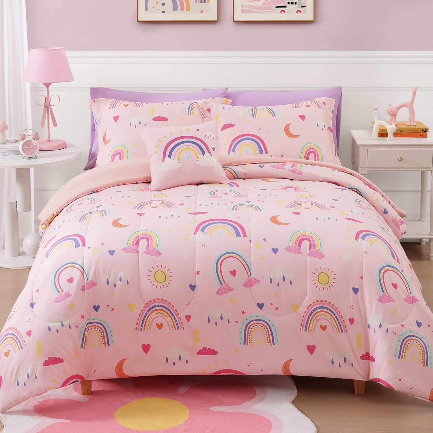 Glow in The Dark Kids Comforter Set Full Size for Girls, Pink Rainbow Bedding Set 1 Comforter, 1 Decor Pillow, 2 Pillow Shams Pink Rainbow Full