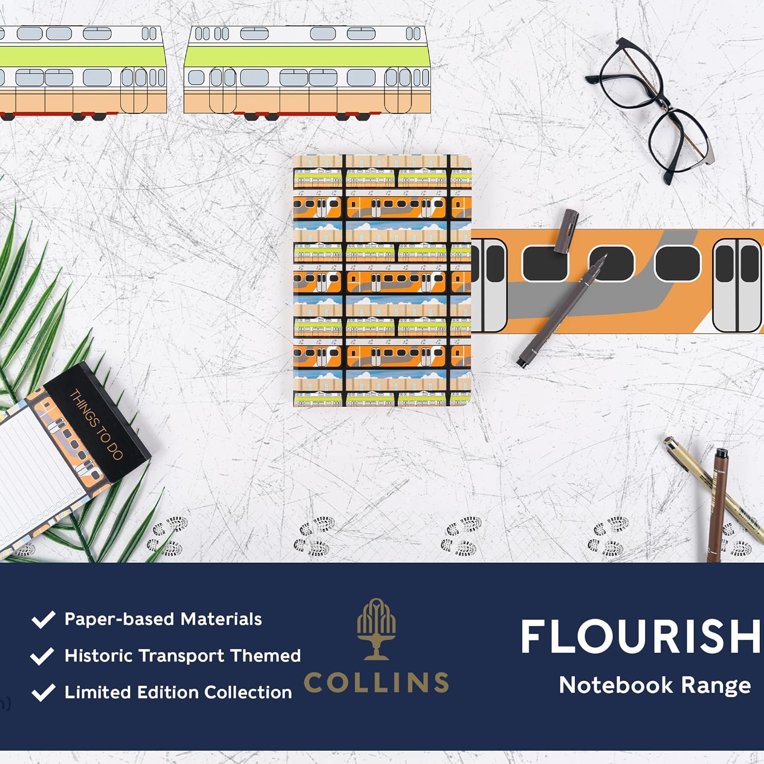 Collins Flourish A5 Ruled Notebook - Hardback Journal with Stylish Train Design