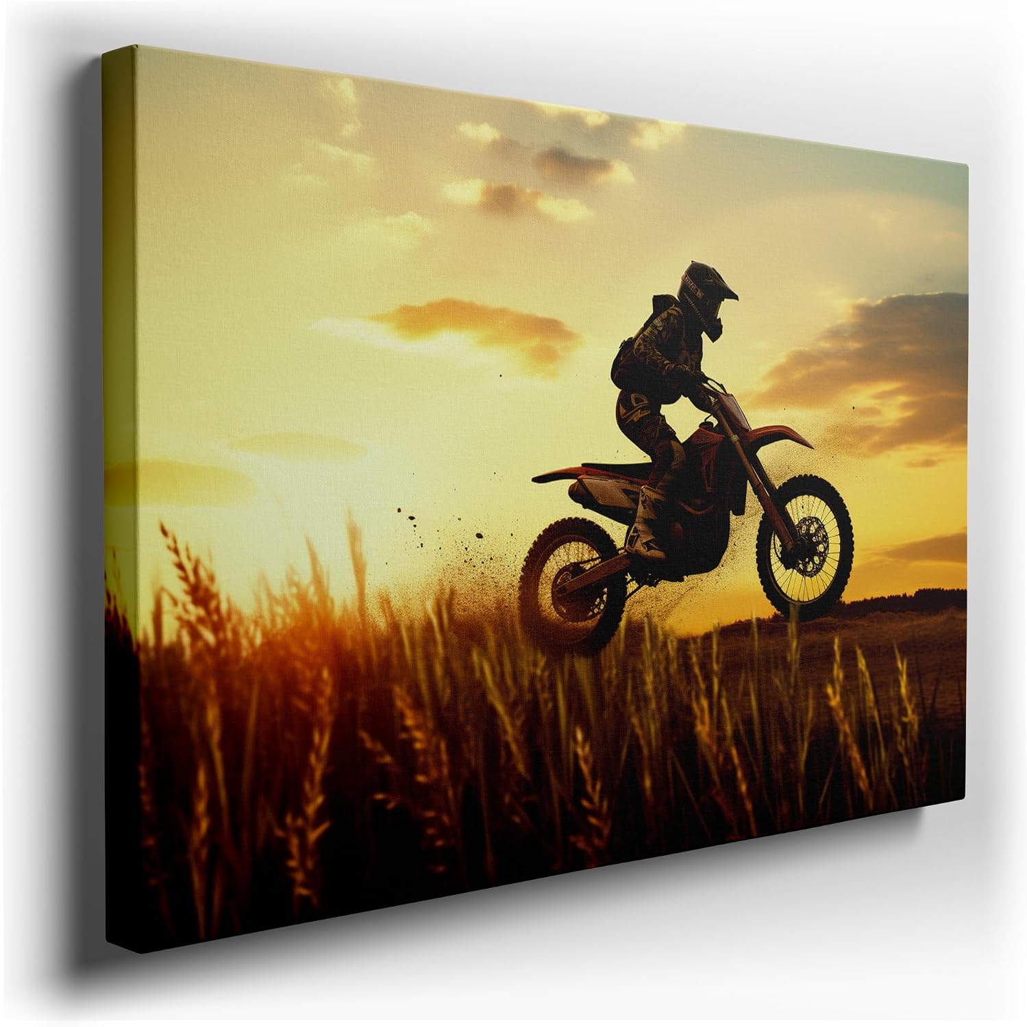 Canvas for Living room. Sky-High Thrills at Sunset: Catching Air on a Red Dirt Bike, 27 x 18 inch Canvas Wall Art - Contemporary Masterpieces - Modern Home Decor