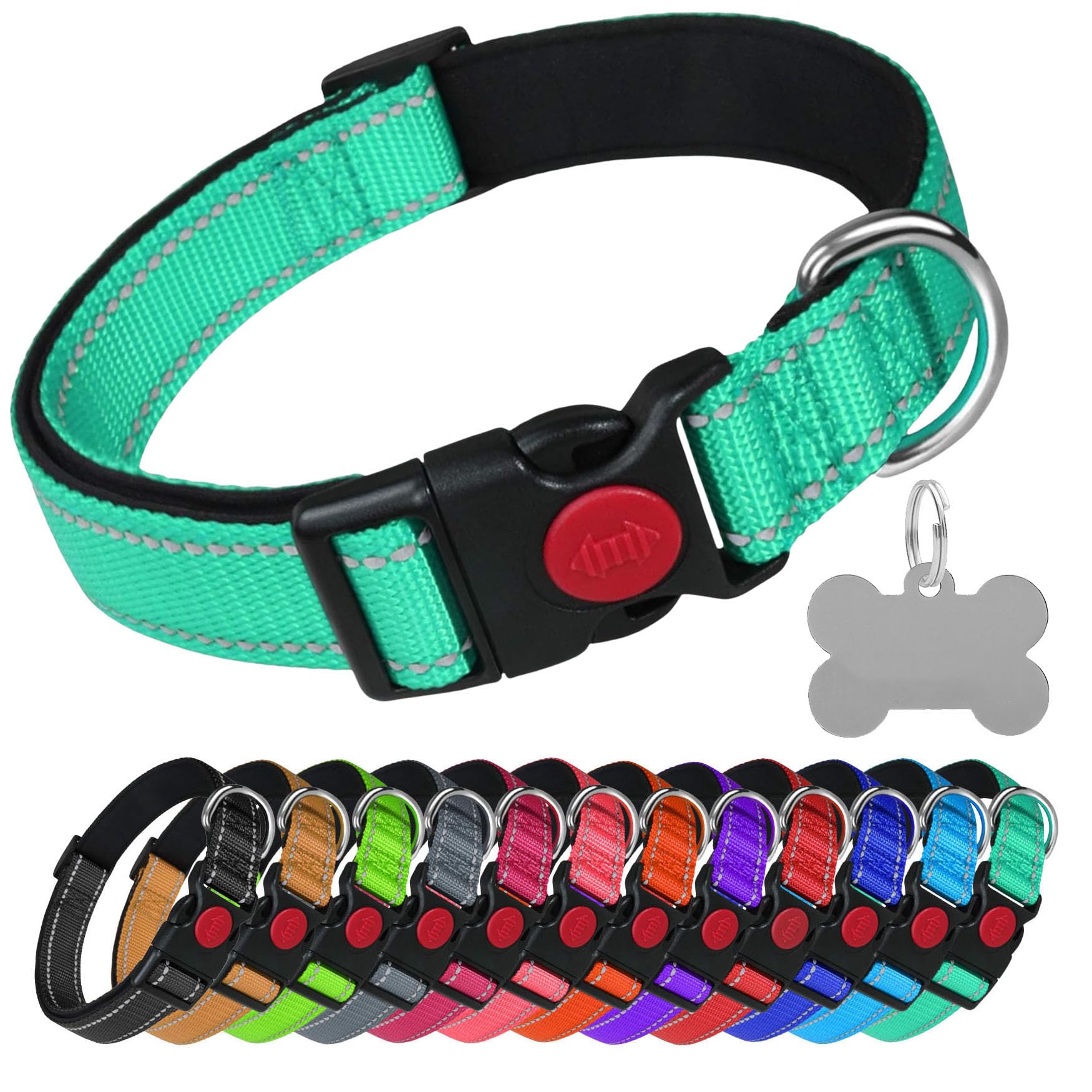 LARRYROO Reflective Dog Soft Padded Nylon Collar | Slide Lock Safety Buckle | Fully Adjustable With Personalised Engraved Silver Bone Shaped Tag (Turquoise, Large (40cm - 60cm Neck))