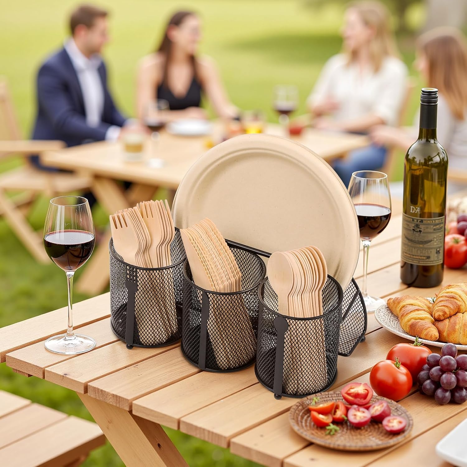 metal utensil caddy silverware holder, paper plate holder cutlery container,plate organizer flatware storage basket party camping picnic buffet rv bbq farmhouse kitchen countertop light black