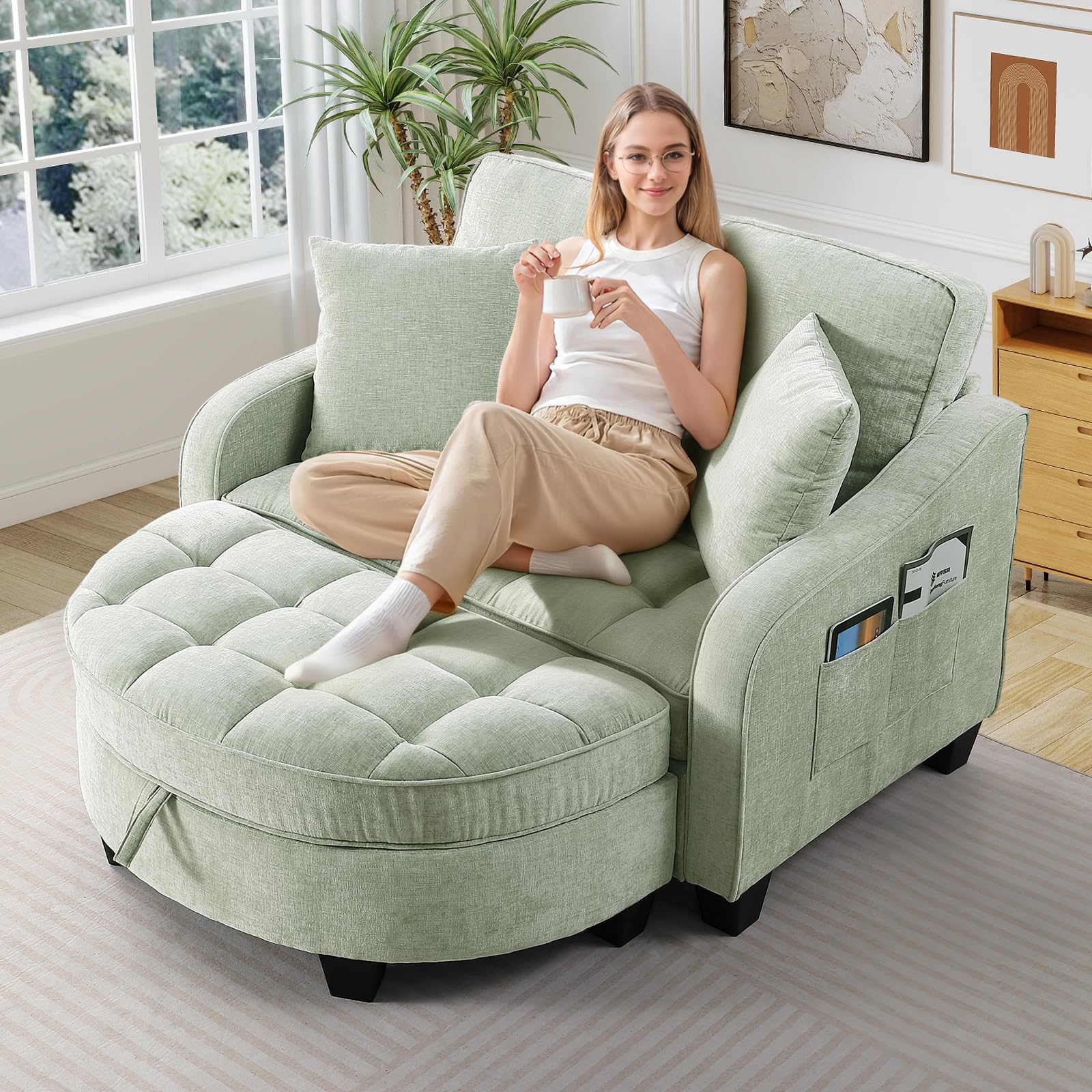 Oversized Chair and A Half, Chenille Tufting Accent Cozy Reading Sofa Chair with Storage Ottoman, Upholstered Loveseat Chaise Lounge Sofa with Adjustable Back for Living Room, Office, Sunroom,Cyan