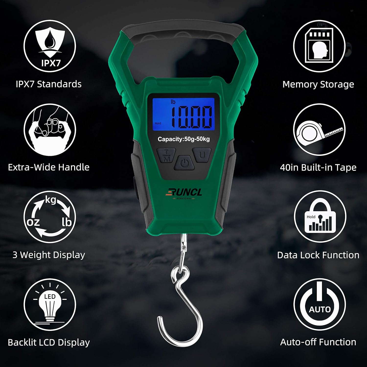 RUNCL Waterproof Fishing Scale with Premium Fish Lip Gripper, Digital Scale with Ruler, Weight Scale 110lb/50kgs - Backlit LCD Display, Memory Storage & Summation - Hanging Scale (Blue) : Sports & Outdoors
