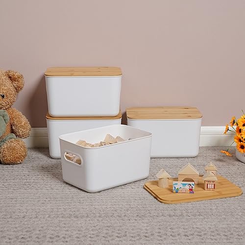 Miniatura 6 de Citylife - 4 contenedores de almacenamiento de plástico con tapas de bambú para organizar cajas de almacenamiento apilables con asa, 10.23 x 7.08 x