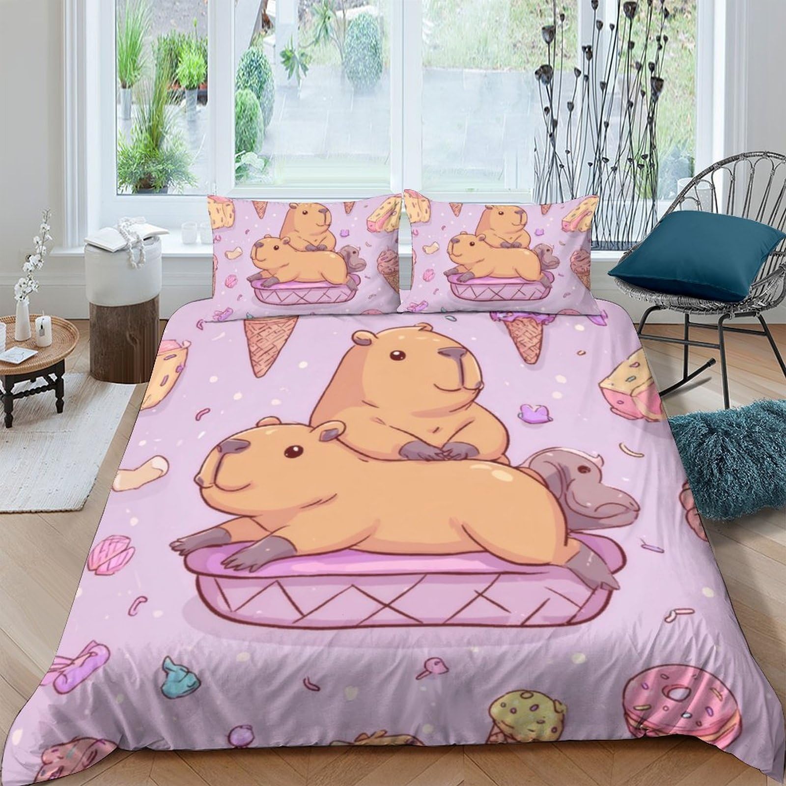 Ctjqhvkz Style-2 3D Printed Cartoon Capybara Fitted Sheet Microfiber Pink Dessert Style Mattress Cover For Bedroom Dorm Decorative Use Single（135X200cm）