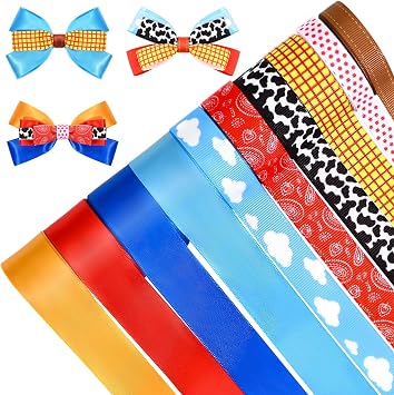 10Rolls Cartoon Story Grosgrian Ribbon Blue Sky White Cloud Cow Red Bandana Yellow Plaid Printed Ribbon for Baby Shower for Gift Wrapping Ornaments Making DIY Craft