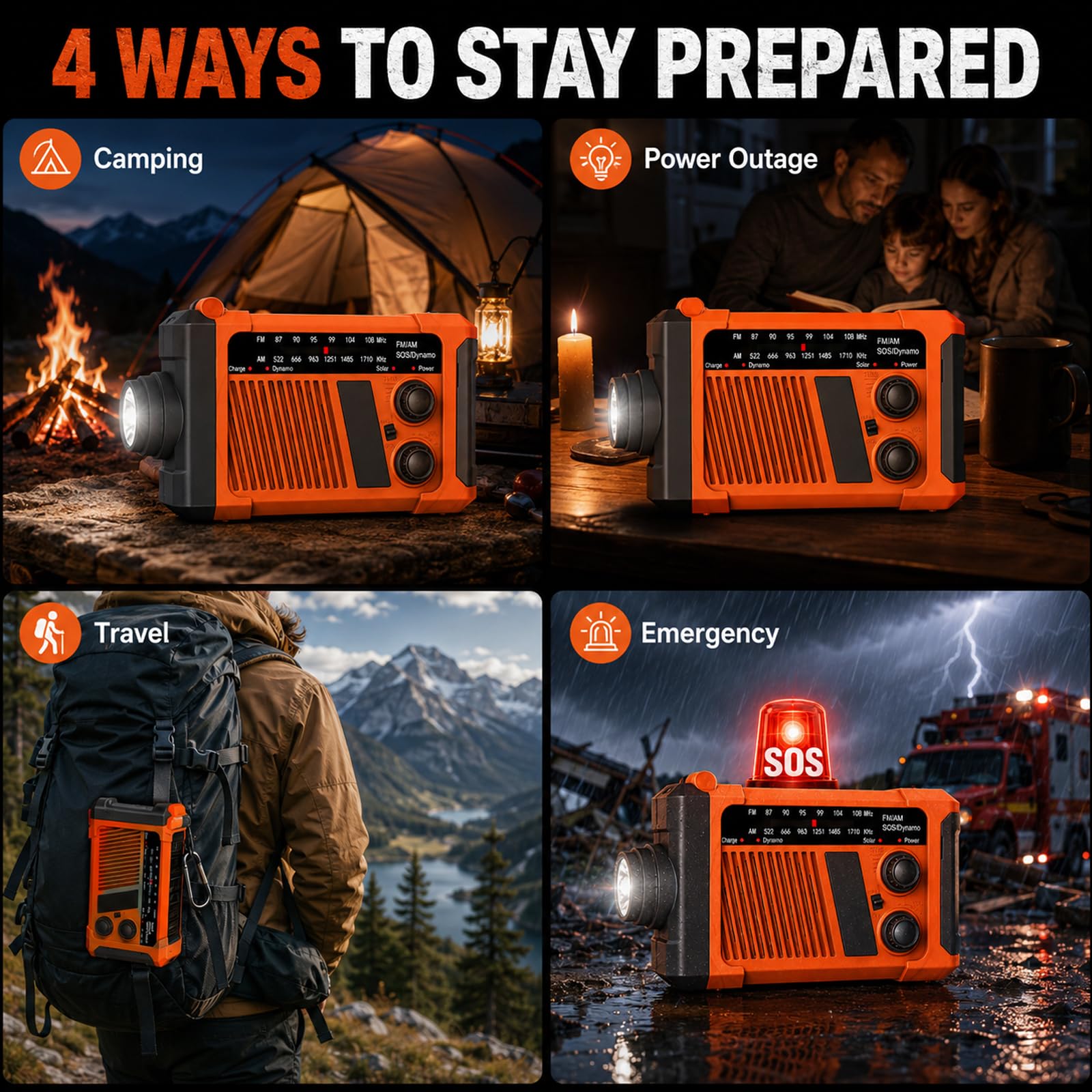 Radio d'urgence solaire à manivelle 2000 mAh AM/FM SOS Lampe LED Charge USB Camping
