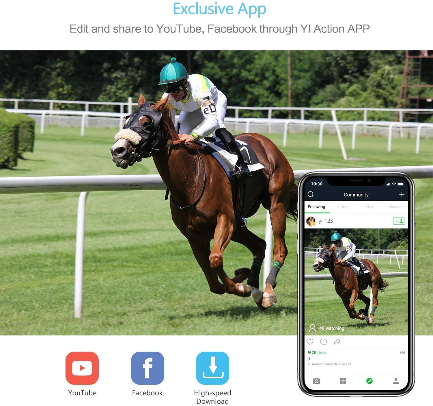 YI camera app interface on a smartphone, with YouTube, Facebook, and download icons for sharing.