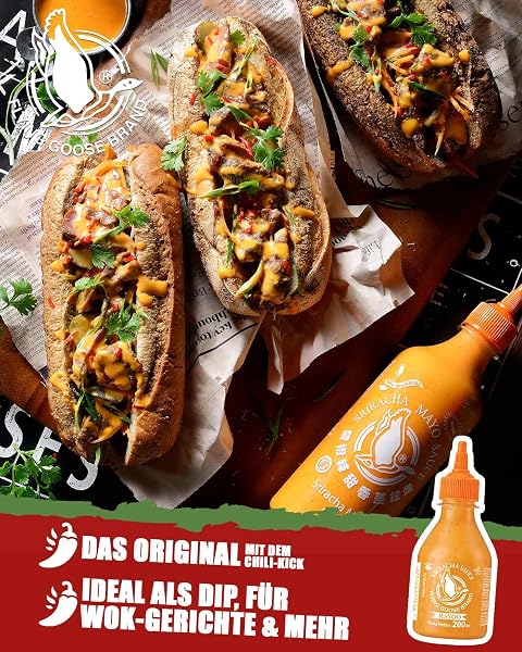 FLYING GOOSE Sriracha Mayoo Sauce, pikante Mayonnaise, leicht scharf, orange Kappe, Würzsauce aus Thailand, vegetarisch, 1 x 200 ml - 3