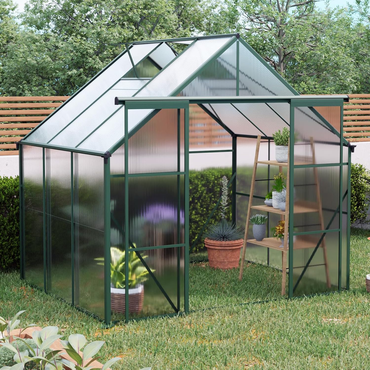 8x6 Greenhouse for Outdoor with Double Door and Adjustable Roof Walk-in Polycarbonate Gardening Green House with Raised Base and Anchor Drainage System for Backyard Lawn, Green