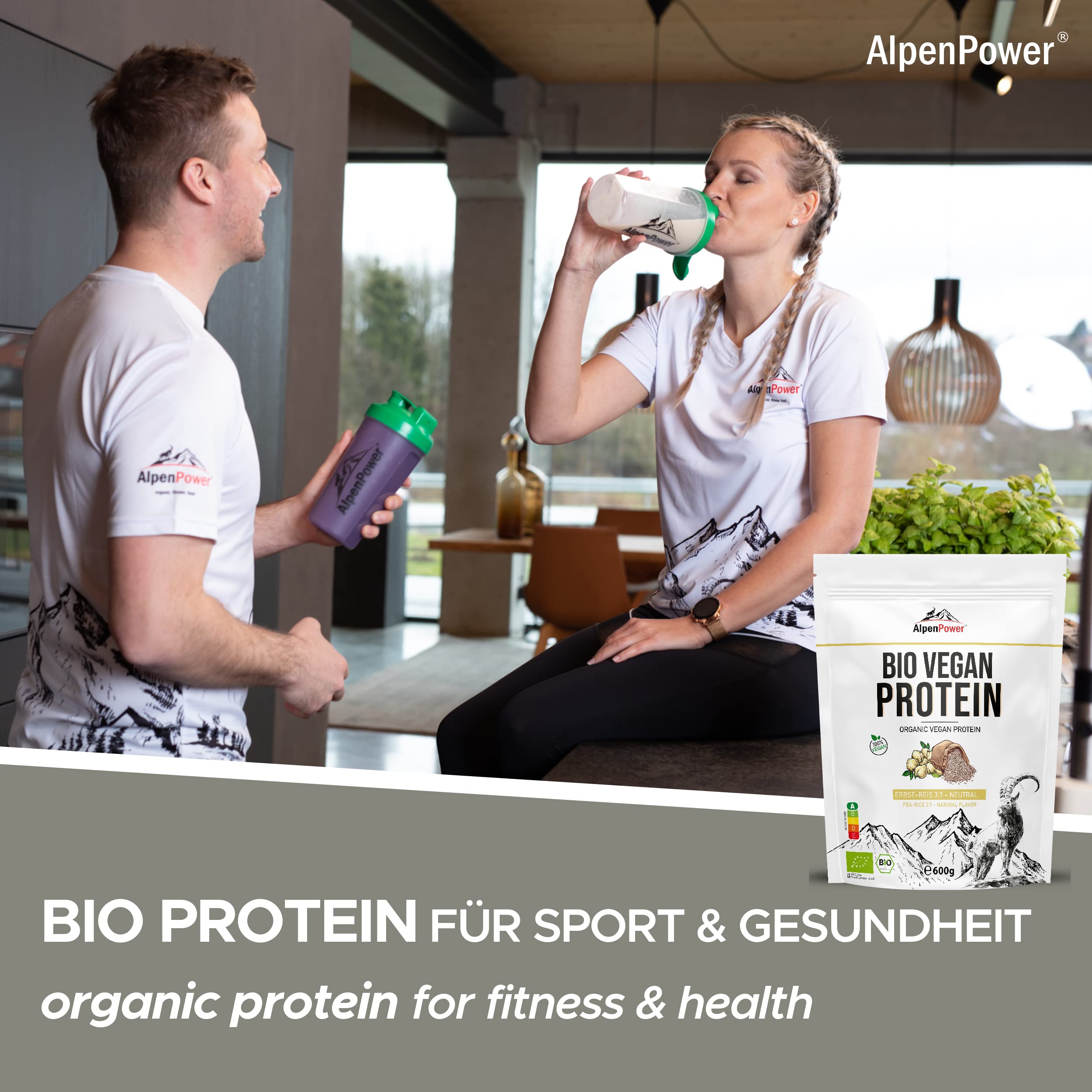 AlpenPower BIo Vegan Protein 2K Erbse-Reis Natur 600 g I 100% natürlich & ohne Zusatzstoffe I Optimales Verhältnis Erbsen-Reisprotein I Veganes Proteinpulver für Fitness