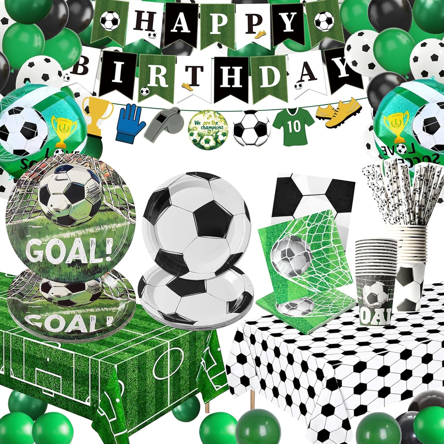 Soccer Birthday Party Decorations, Birthday Party Supplies, Sports Soccer Paper Plates Cups Napkins Tablecloth Banner Straws,Serve 24(soccer)