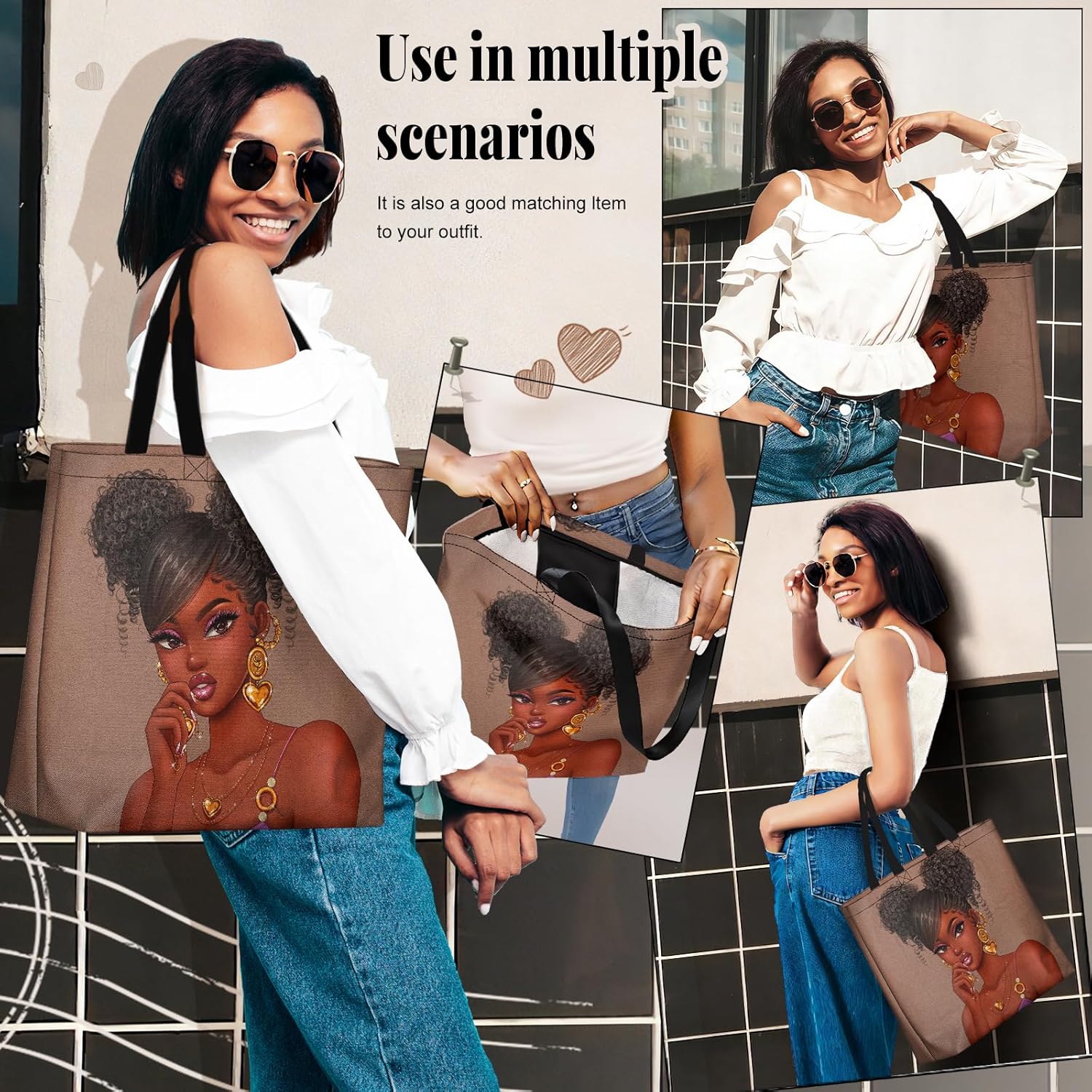 African American Women Tote Bag Black Shoulder Handbag For Women Fit Work Beach Labtops With Zip - Image 7