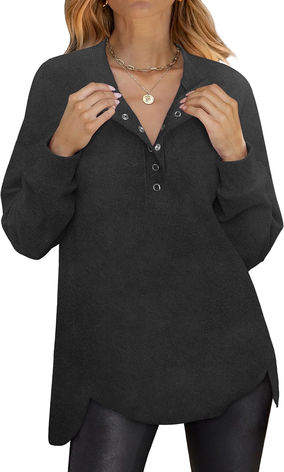 ANRABESS Women's Long Sleeve Henley Tops Tunic Sweatshirt Loose Slit Casual Button Shirts Pullover 2025 Fall Winter Outfits