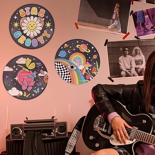 Miniatura 10 de Putuo Decor Juego de 4 decoración de pared hippie con diseño de disco Indie, decoración estética de habitación extraña, girasol, hongo, sol, luna,