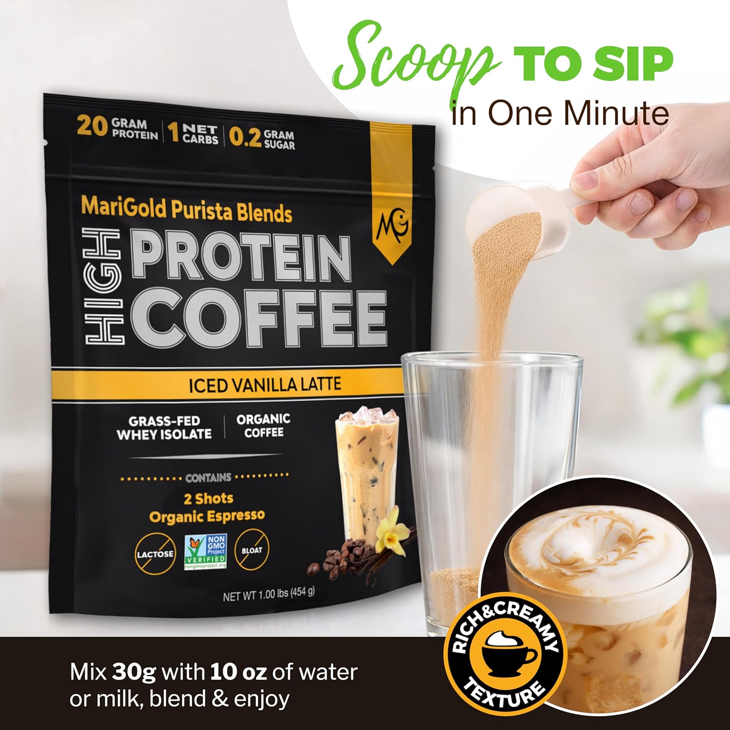 MariGold High Protein Coffee - Iced Vanilla Latte, 20g Grass-Fed Whey Protein Isolate, Energy & Workout Boost, 2 Shots Organic Espresso, Non-GMO, 1 Net Carb, 1 Lb Bag, 15 Servings - Image 6