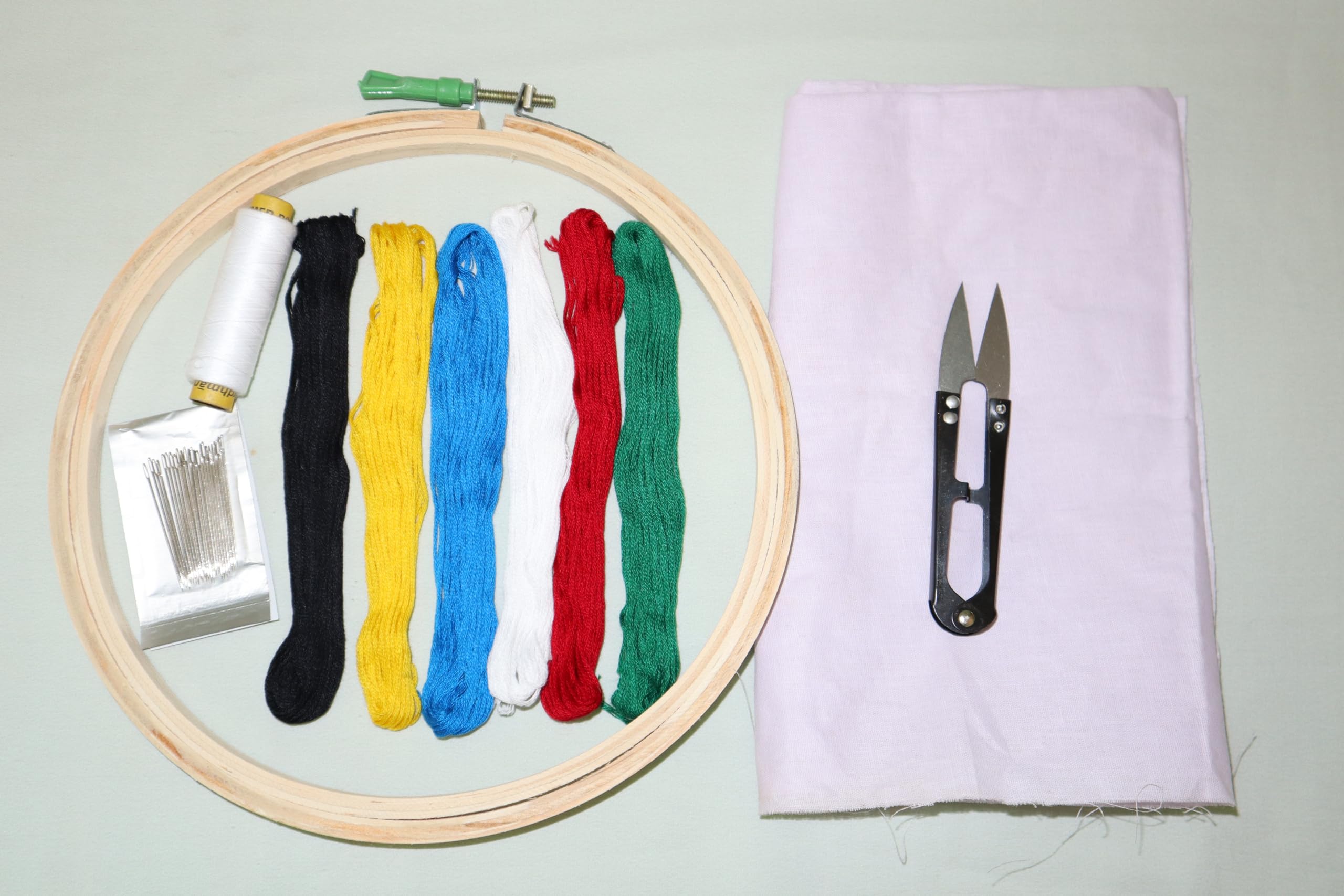 Beginner's Embroidery Kit from Needlework hub Includes Embriodery Threads, White Machine Thread, Needles, 8 inch Frame, Cutter and Half metre Cloth-image-3