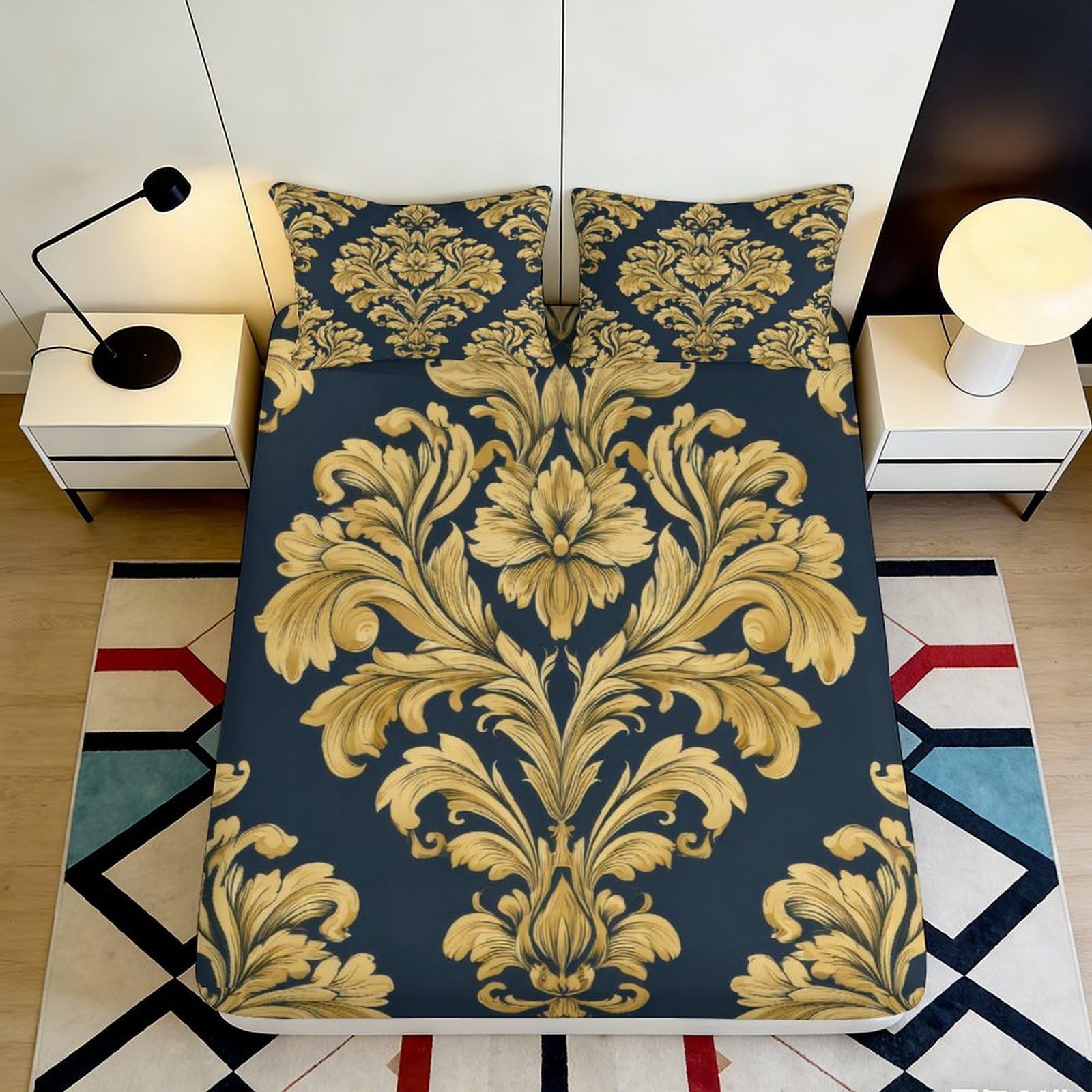 3D Printed Baroque Pattern Fitted Sheet Microfiber Deep Pocket Non-Slip Full Wrap Baroque Mattress Fitted Cover Washable for Bedroom 200x200x25cm 90x200x25cm