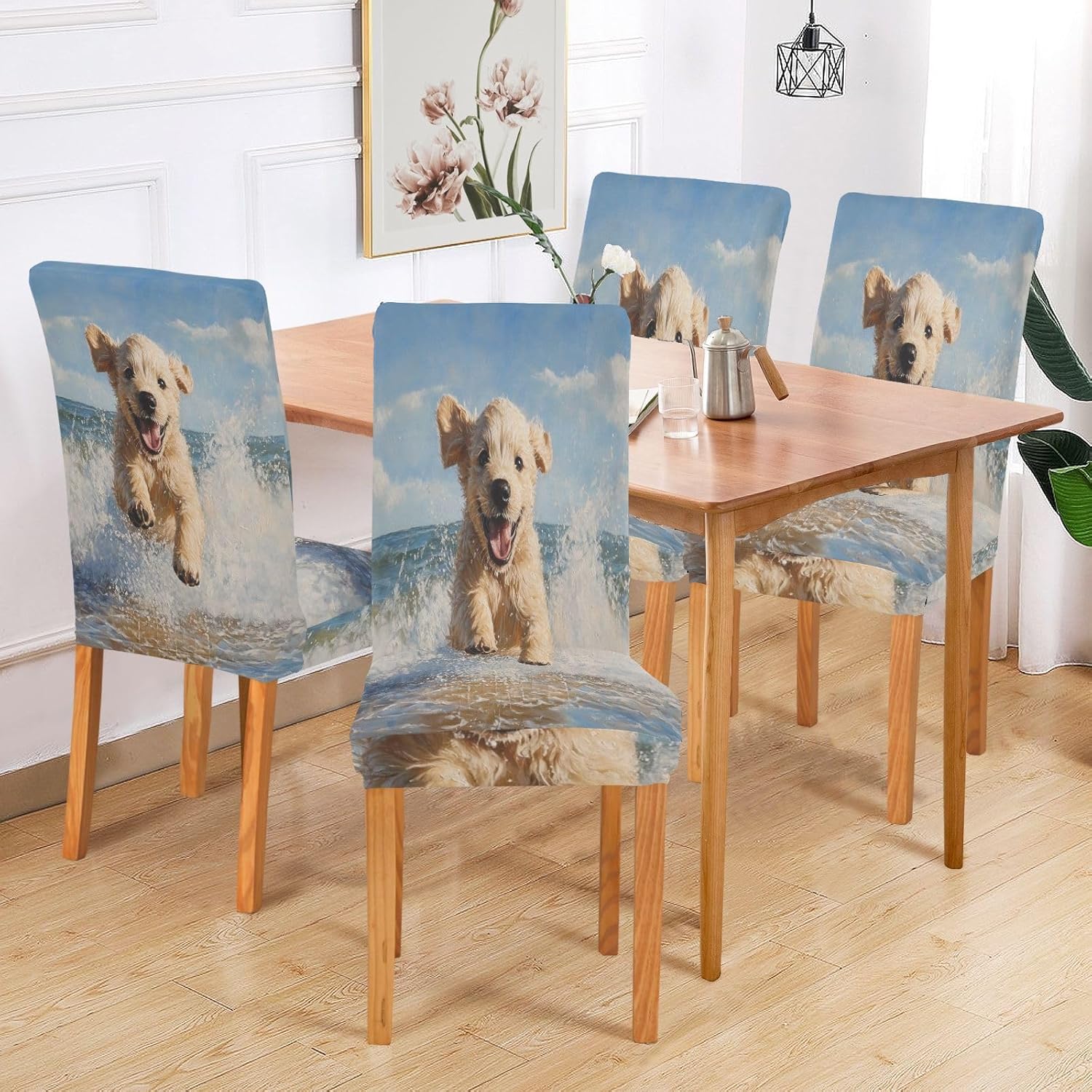 ALAZA Chair Covers for Dining Room, Puppy Running at The Sea Stretch Chair Cover Sets Chair Protector Removable Washable for Ktichen Restaurant Hotel