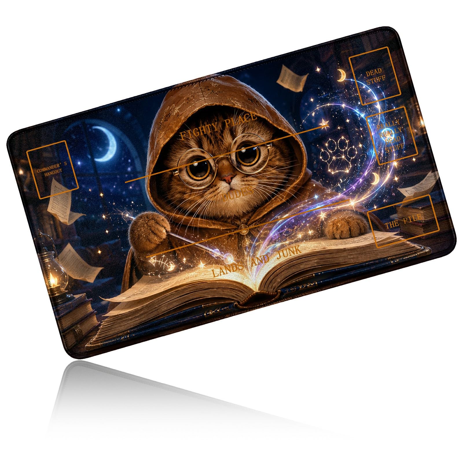 Dikoer for MTG/TCG Playmat w/Zones Commander Deck Gaming Mat, Book Cat