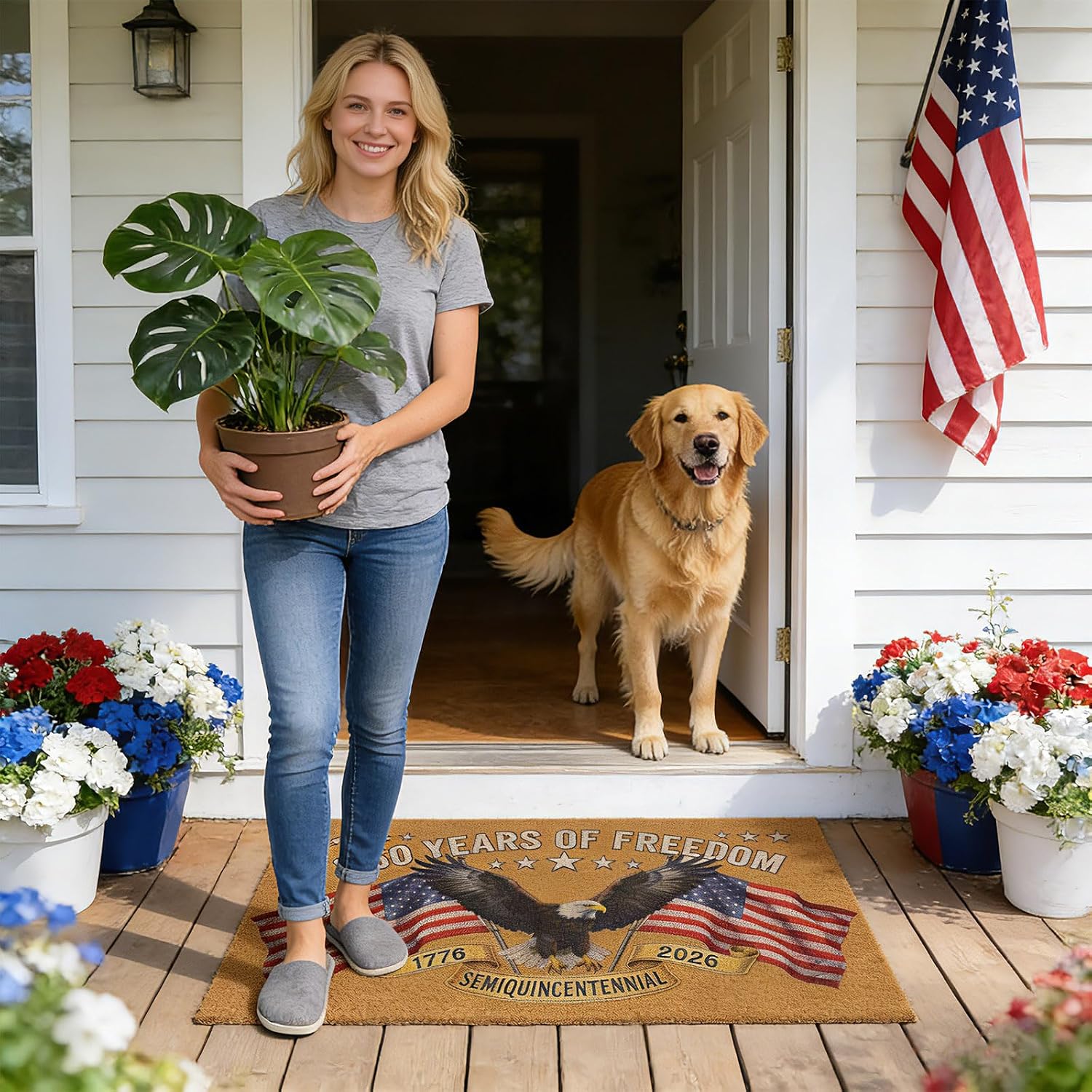 Patriotic Door Mat 250th Anniversary Doormat,4th of July Patriotic Coir Mat with Bald Eagle & Stars Mat,17"x28" Non-Slip Independence Day Freedom Memorial Day Porch Front Decor