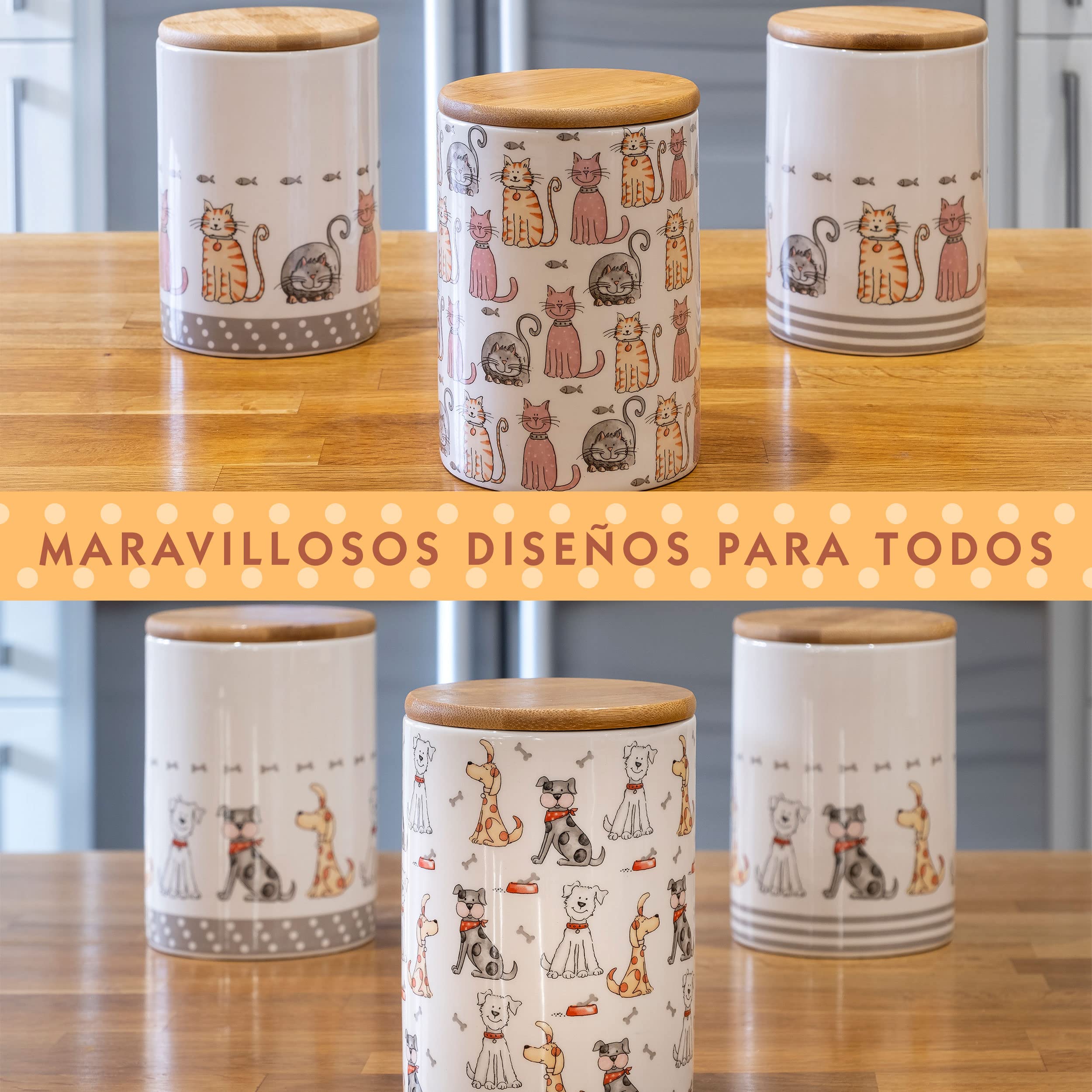 SPOTTED DOG GIFT COMPANY Juego de 3 Botes Cocina Almacenaje de Cerámica con Estampado de Gatos Lindos, Recipientes Herméticos para Alimentos con Tapa, Regalos para Amantes de los Gatos