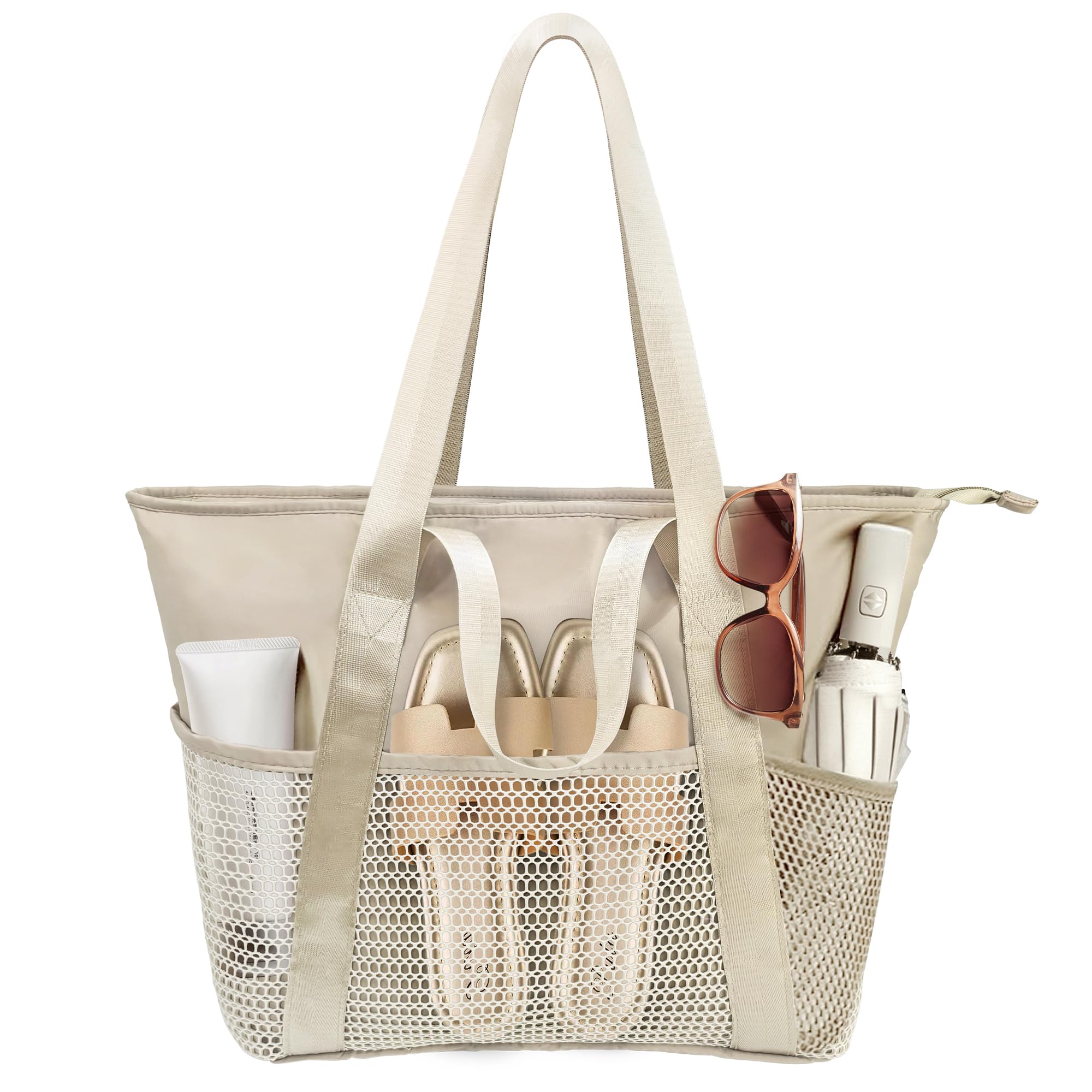 beifon Strandtasche XXL Familie mit Reißverschluss, Strandtasche Damen Große Wasserdicht Faltbar, Mesh Badetasche Beach Tote Bag Strand Tasche Shopper für Strand Reisen Urlaub