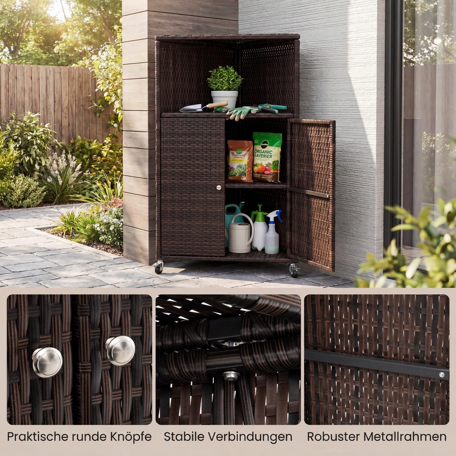 COSTWAY Gartenschrank Rattan Ecke, Terrassenschrank mit Rollen, offenem Fach und Doppeltür, Outdoor Aufbewahrungsschrank, Eckschrank für Garten, Terrasse, Balkon, 66 x 47 x 111 cm