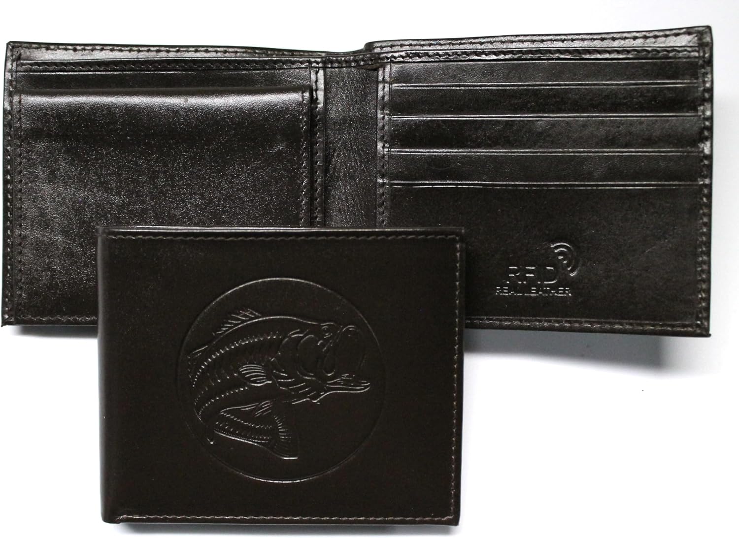 Bass Fishing Embossed Leather Bifold Wallet - Dark Brown RFID Safe