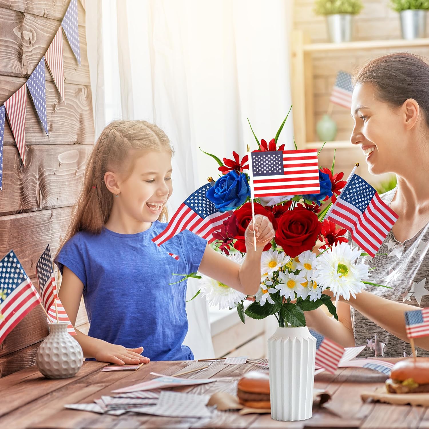 Sggvecsy Patriotic Artificial Flowers Memorial Bouquet Fake Red White and Blue Cemetery Flowers with American Flags Roses Daisy for Grave 4th of July Memorial Day Independence Day Veterans Decoration