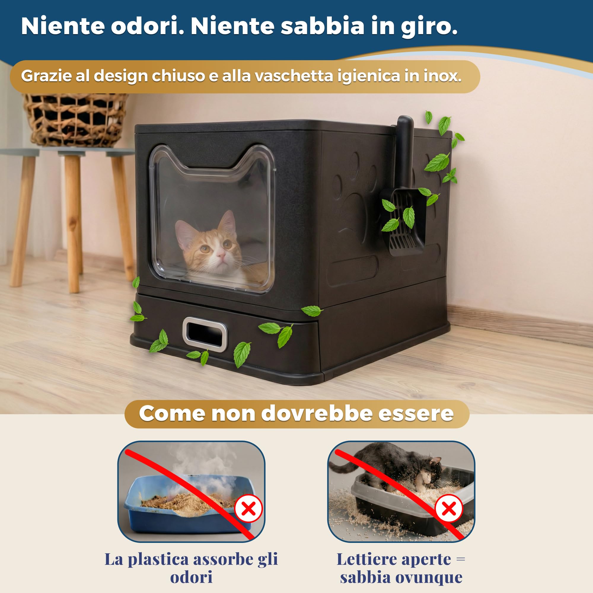 Lettiera gatto acciaio inox – Toilette chiusa con vassoio estraibile Antiodore, antiperdita, facile da pulire – Entrata avanti/uscita superiore – Lettiera gatto con paletta (38,3×51×41 cm),Nero