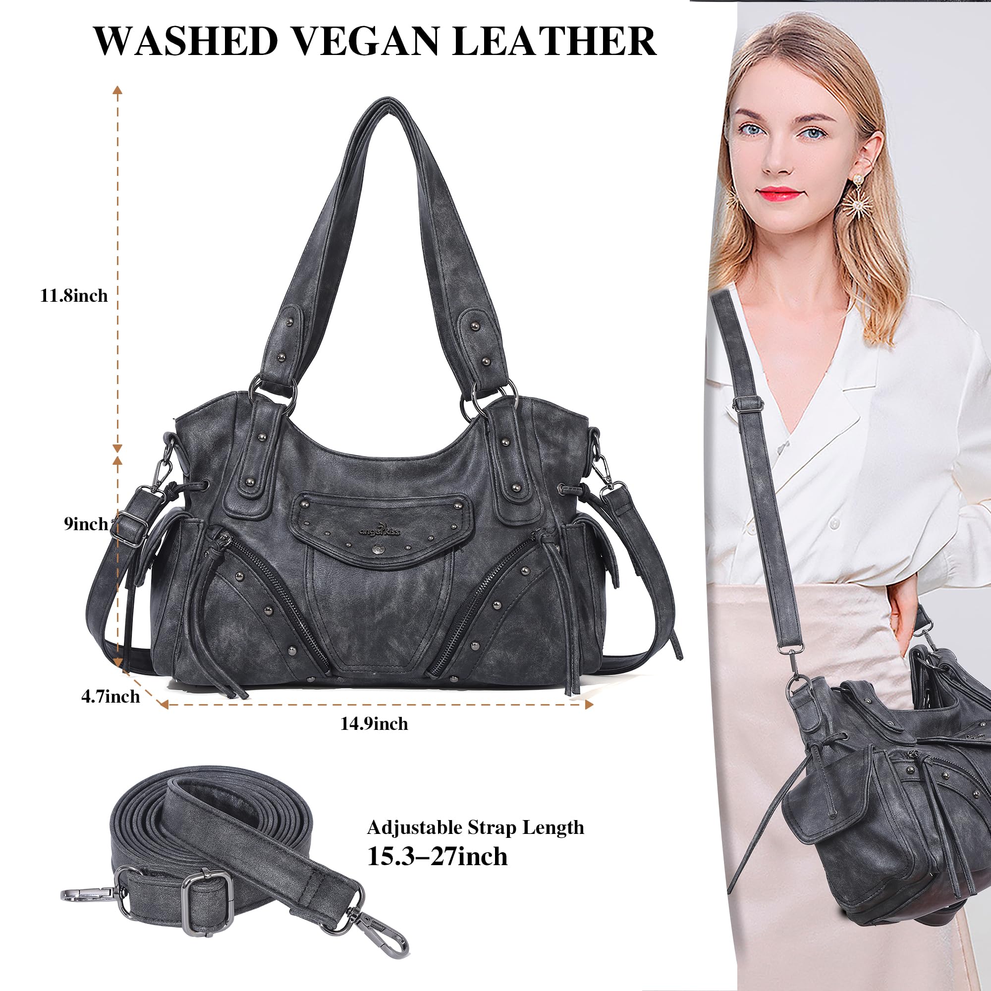 Angel Kiss Hobo Bag for Women Retro Leather Purses and Handbags Roomy Soft Ladies Satchel Bags with Crossbody Strap, Black Medium Size