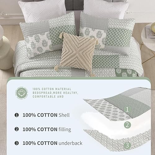 Miniatura 7 de Finlonte Juego de edredón de algodón tamaño Queen, colcha floral de retazos reales para cama queen, verde grisáceo, gris, blanco, ligero,
