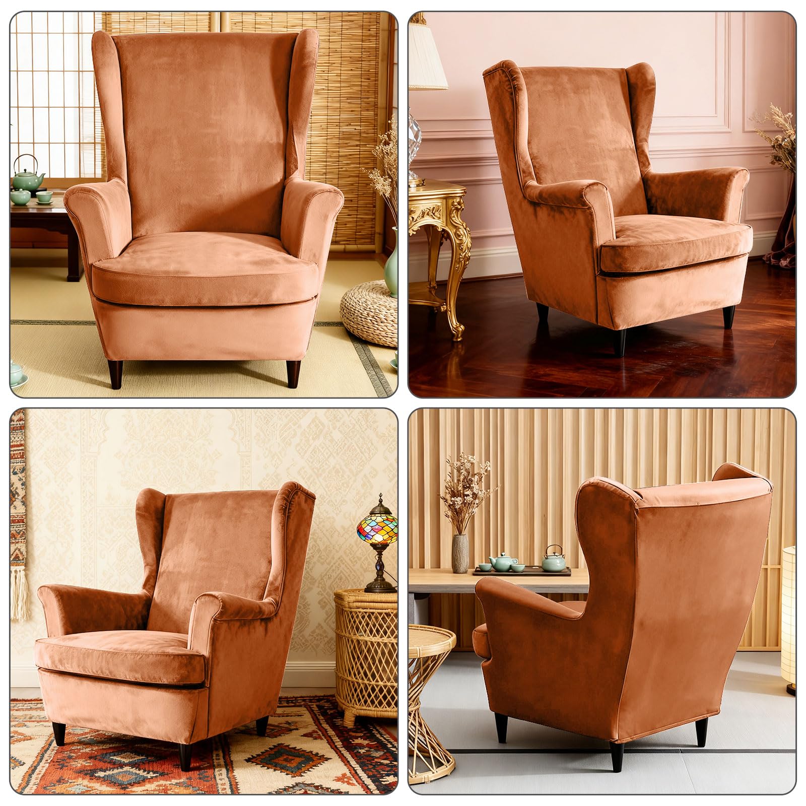 3-Teilig Samt Ohrensessel Überwurf mit Fußhockerbezug (ohne Stuhl), Stretch Samt Sesselhusse, Elastischer Schonbezug Stuhlbezug Hohe Rückenlehne für Sessel, Waschbar (Apricot Orange)