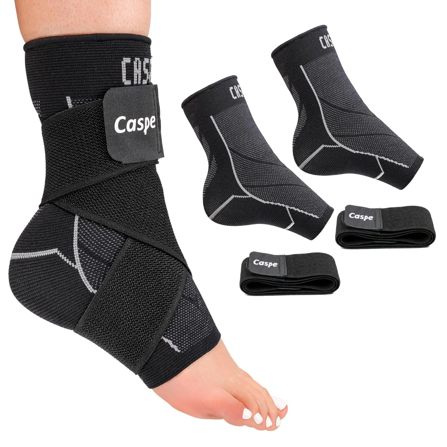 Caspe 2 Pack Ankle Brace for Men & Women, Ankle Wrap with Adjustable, Removable X-Strap, 3D Knit Compression Sleeve, Compression Socks for Plantar Fasciitis, Arch Support (Black, Large)