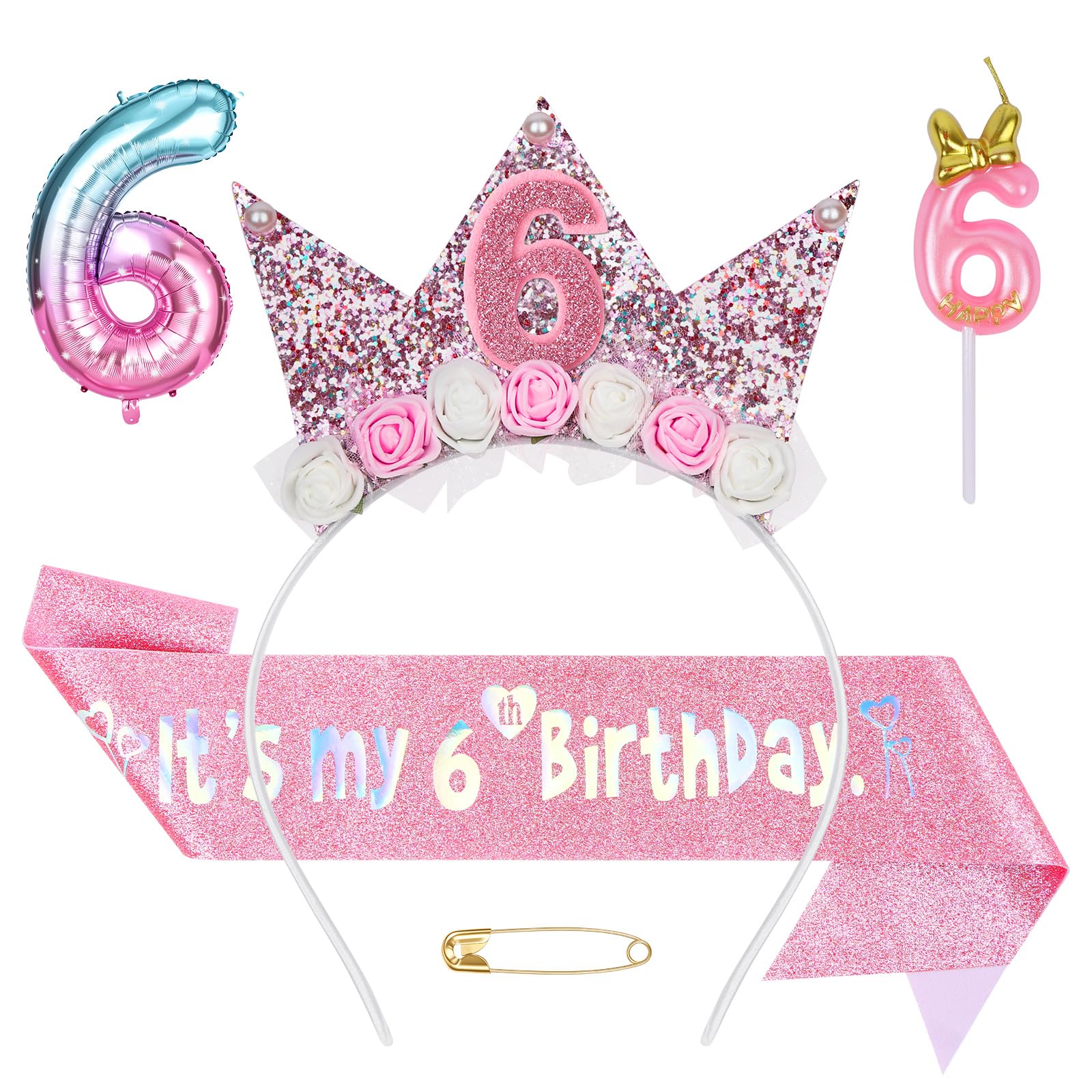 AYBUY Birthday Decorations, 6th Flower Princess Crown Headband and Sash Set with Number 6 Balloon and Candles, Birthdays Crown Headband for Princess Party Decorations, Girls Glitter Hair Band Gifts