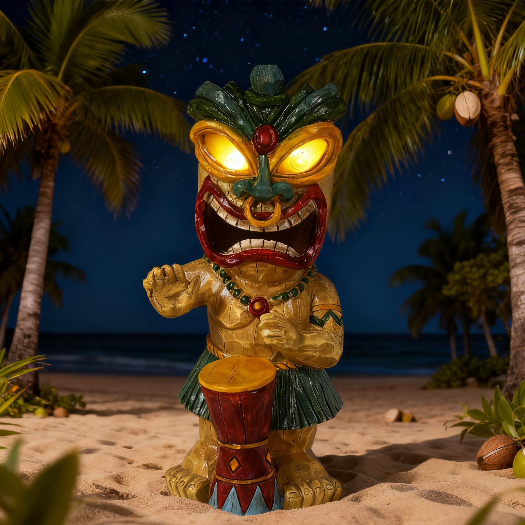halp·ssfm Solar Tiki Garden Statue with LED Eyes Outdoor Polynesian Drummer Hawaiian Party Decor Solar Light Ornament for Patio Porch Lawn Tiki Bar or Tiki Lover Funny Gifts