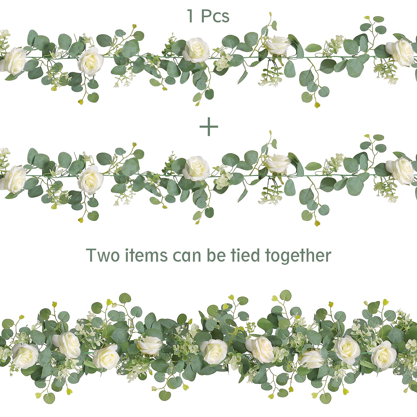 TOCHGREEN Künstliche Eukalyptus und weiße Rosen, Blumengirlande, künstliche Rosenrebe und Schleierkraut, für Party- und Hochzeitsdekoration, Weiß, 4 Stück