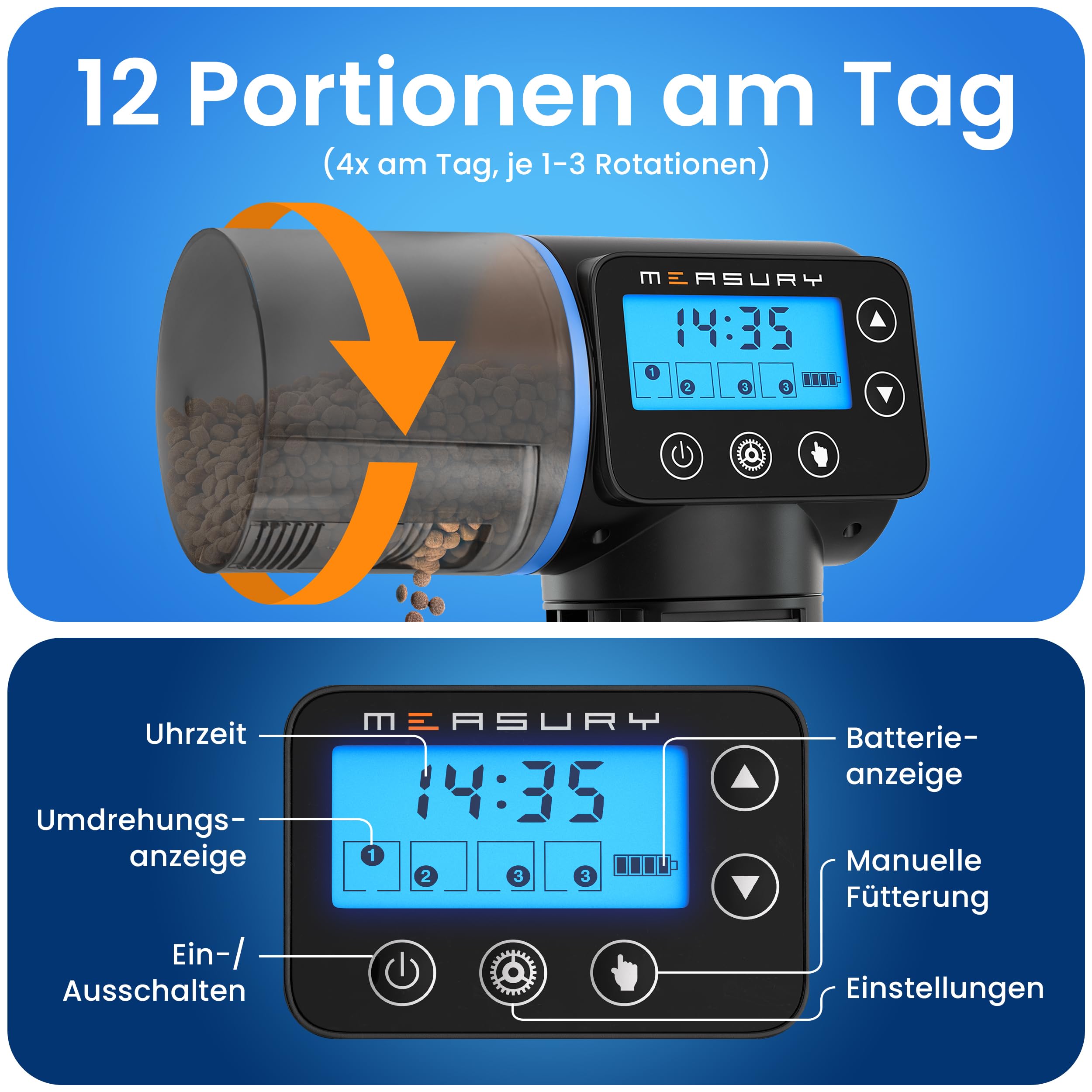 Measury Futterautomat Aquarium, Automatische Fischfütterung bis zu 4 Mal am Tag - Futterspender Fische, Fischfutterautomat