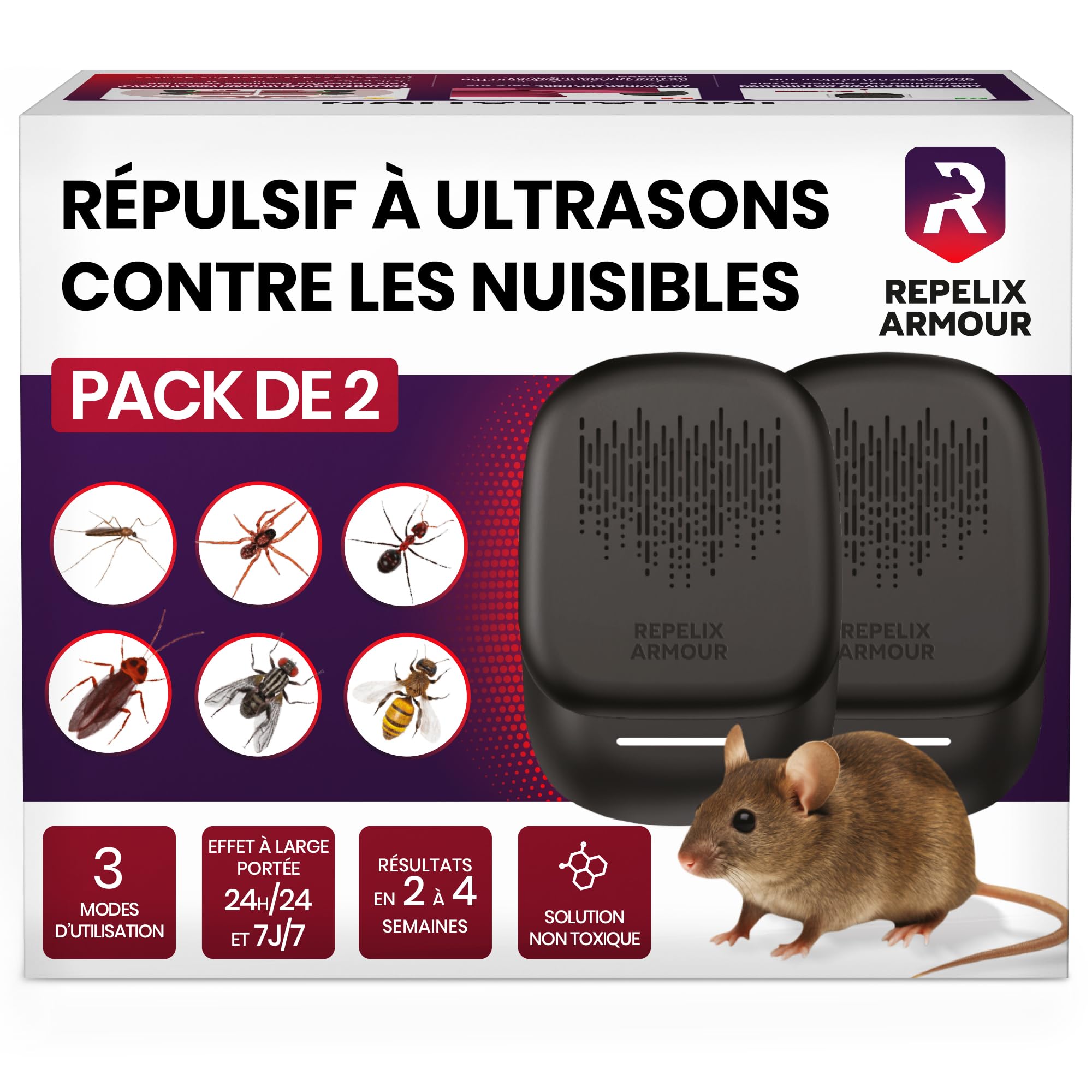 Répulsif À Ultrasons Contre Les Nuisibles pour Intérieur – Pack De 2 – Couvre 140m² par Appareil – 3 Modes – Repousse Souris, Rats, Araignées, Moustiques, Fourmis, Insectes & Mouches