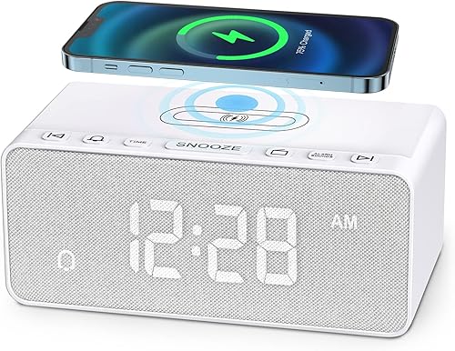 Reloj despertador digital radio FM estación de carga inalámbrica rápida pantalla LED 0-100 regulable cargador USB volumen ajustable 5 sonidos de