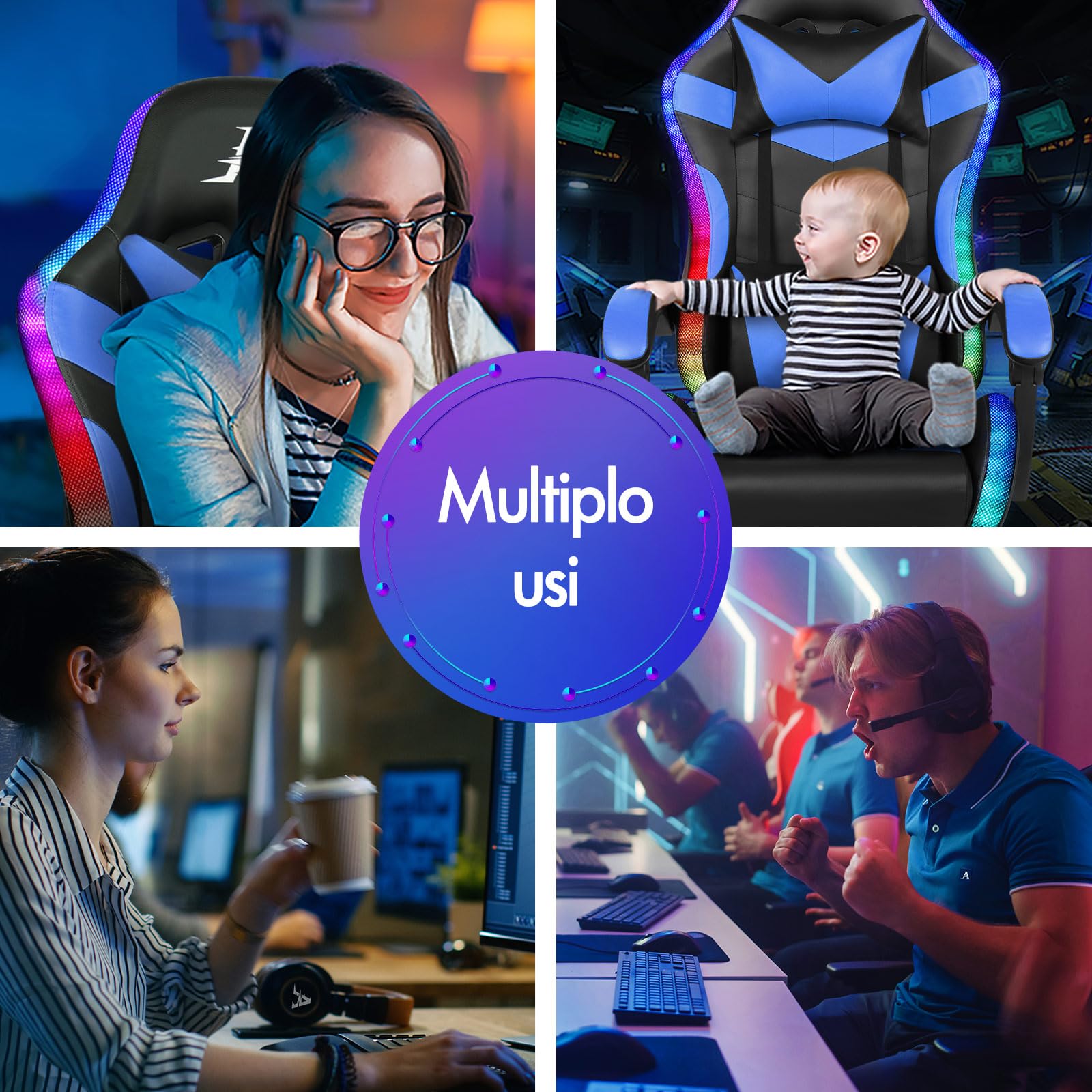 ALFORDSON Sedia Gaming con Massaggiante e Luci LED,Sedia Ergonomica Gamer per Scrivania,Poltrona Regolabile in Altezza con Supporto Lombare Poggiatesta,Schienale Regolabile 90-150°, Similpelle(Blu)