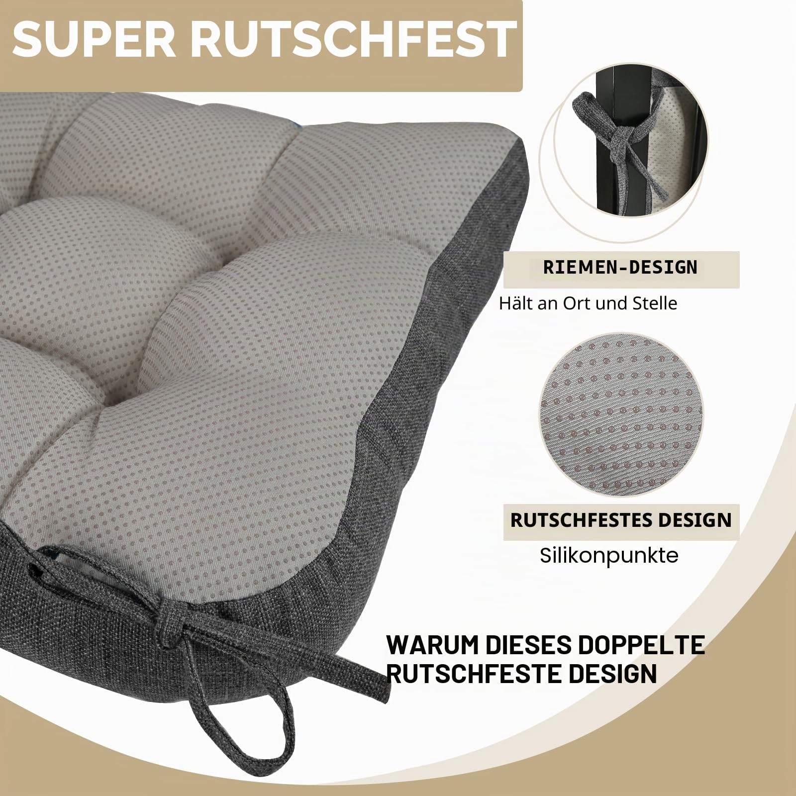 BUYUE Stuhlkissen-Set für Schaukelstuhl, Rückenkissen & Sitzkissen mit Bändern, original gewebte, rutschfeste Stuhlpolster für ältere Menschen, dunkelgrau