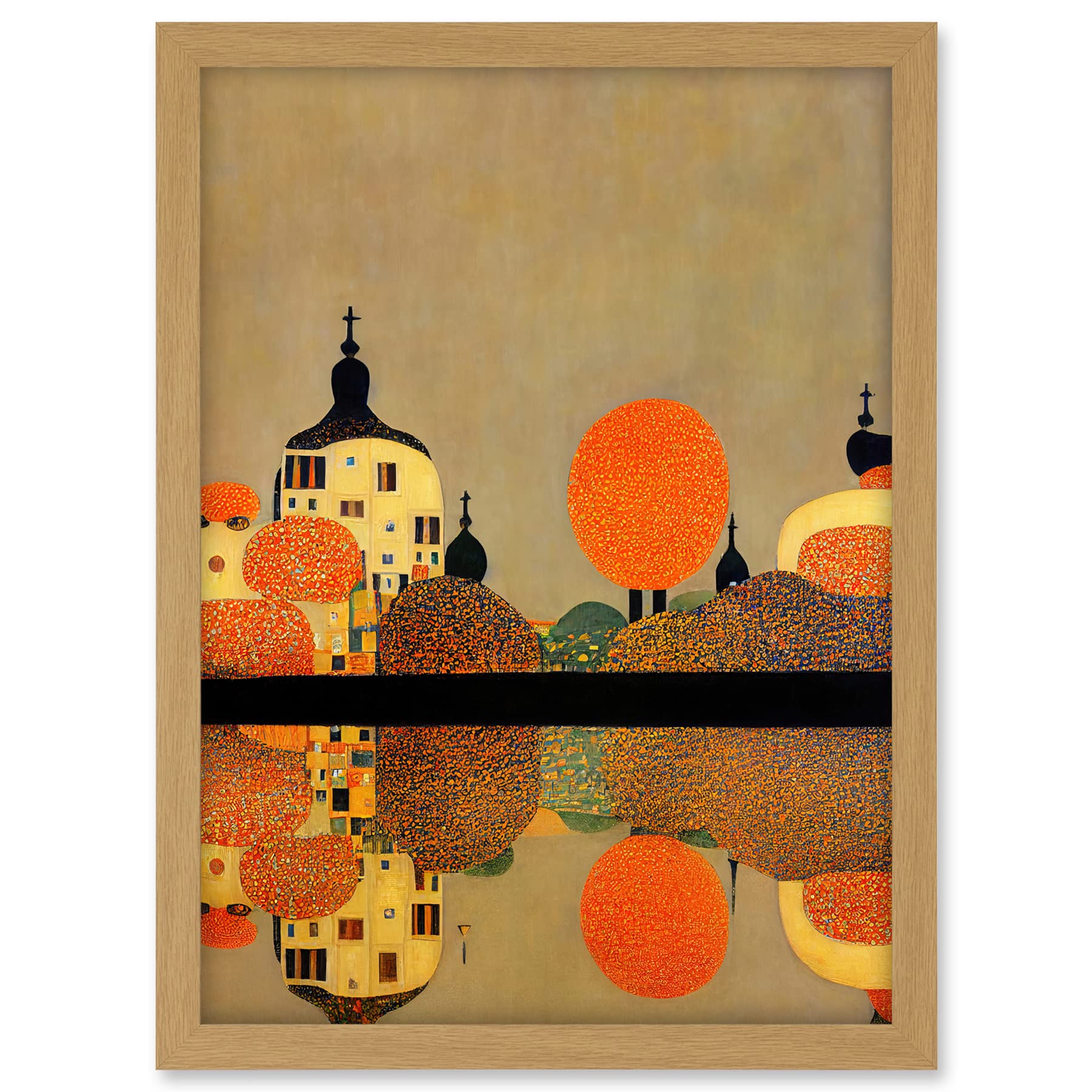 Wee Blue Coo Gustav Klimt Style Autumn Lakeside Town Church Reflection Artwork Framed A3 Wall Art Print