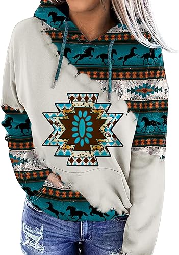 Lanaoree Women's Geometric Horse Print Aztec Hoodie Pullover Cowgirl Western Hooded Sweatshirt S-2XL