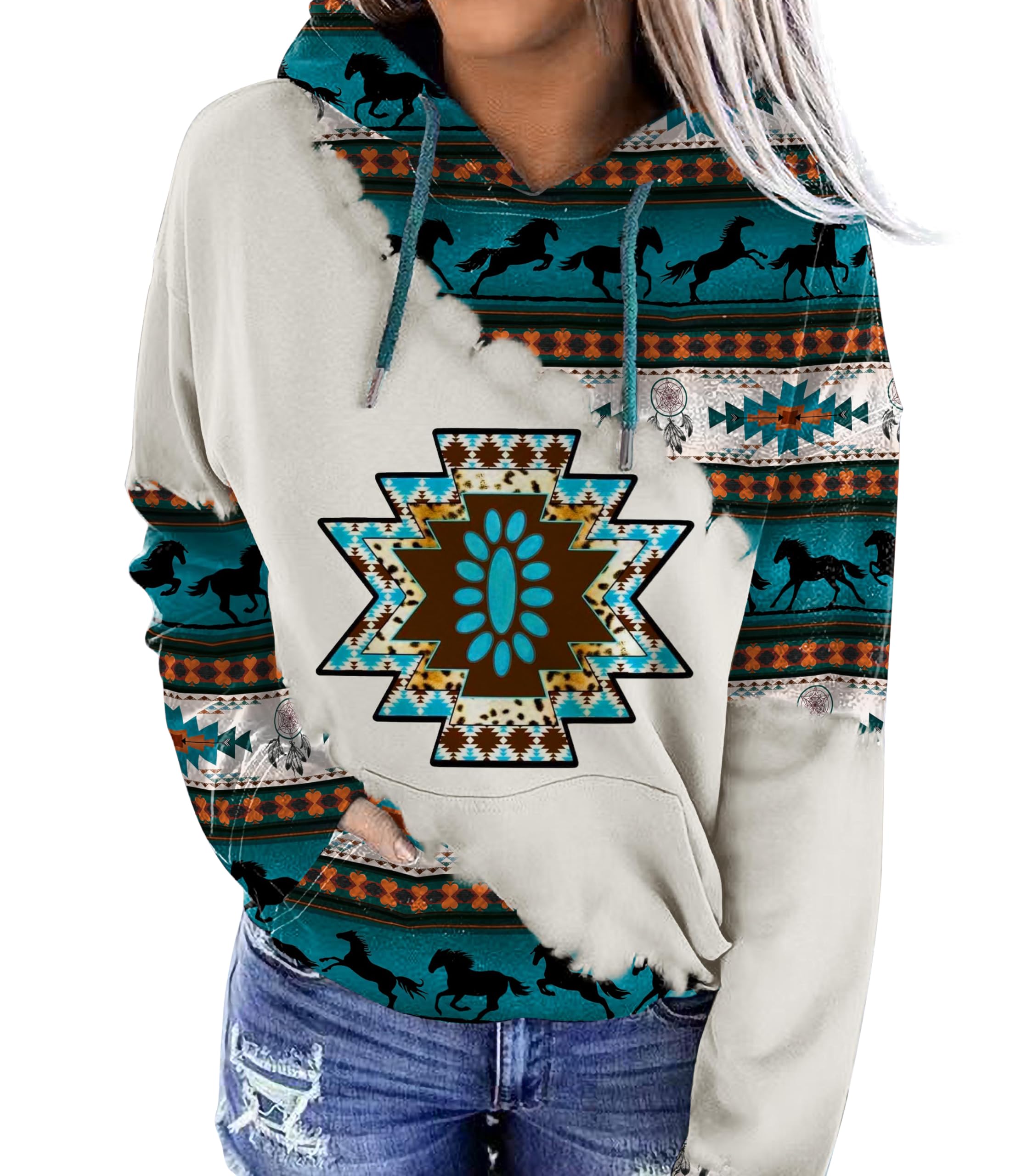 Women's Geometric Horse Print Aztec Hoodie Pullover Cowgirl Western Hooded Sweatshirt S-2XL