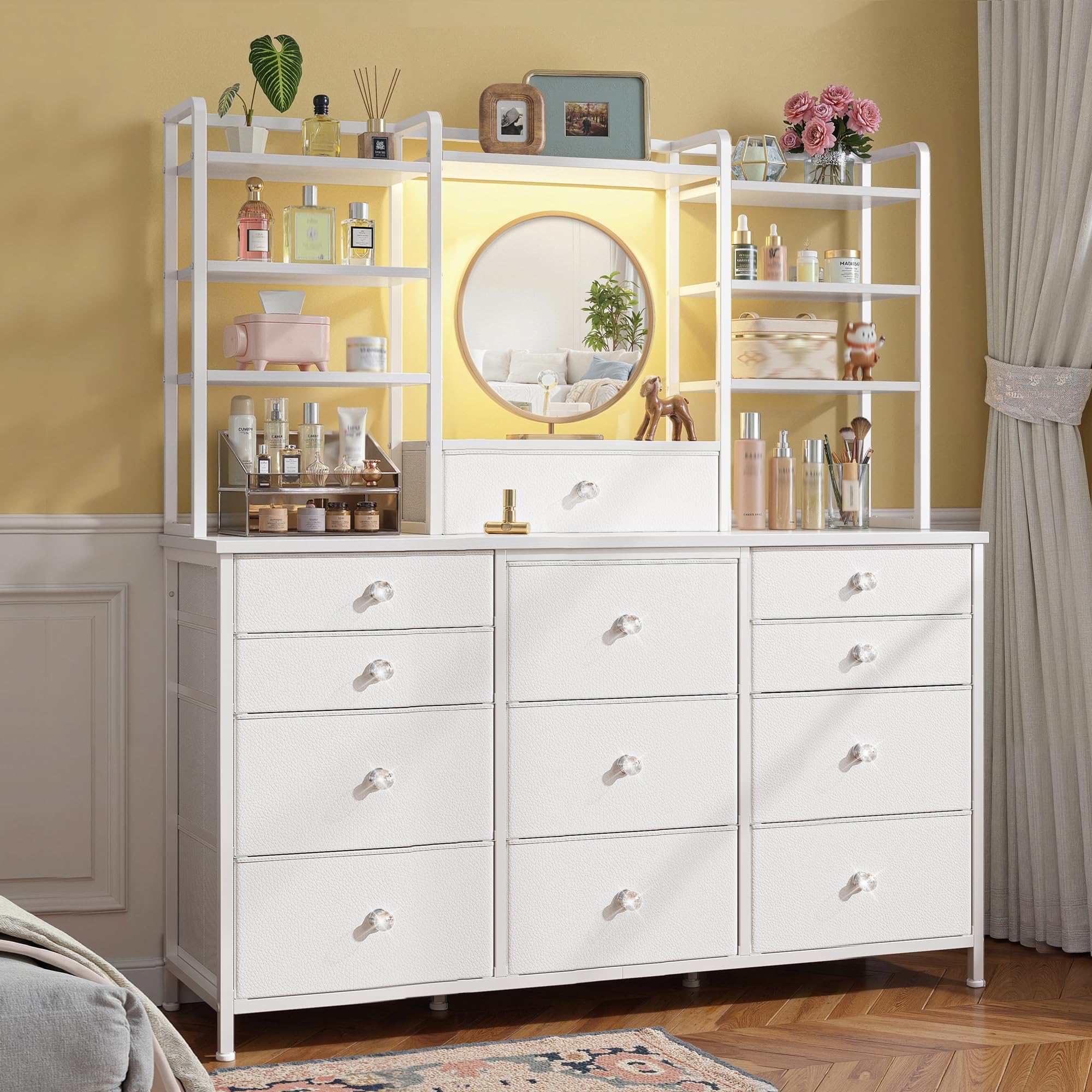 Romorgniz White Dresser for Bedroom with RGB LED Lights, Vanity Organizer